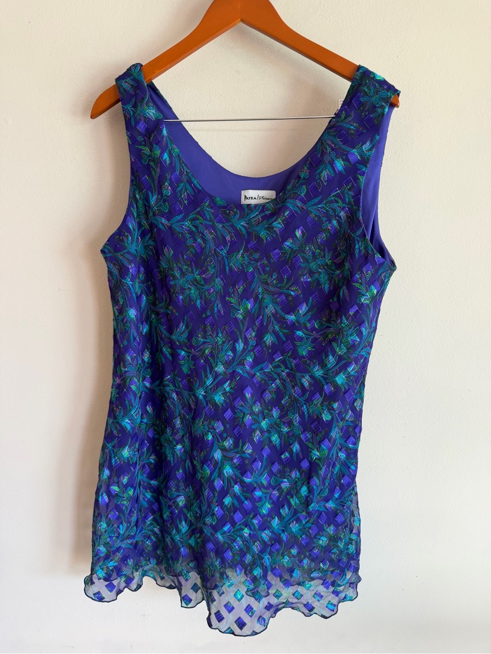 Patra Stenay Vintage Purple Teal Floral Metallic Burnout Sleeveless Blouse L